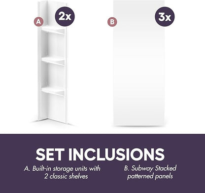 White Polystyrene Tub Wall Surround 32"x 60"x 58" - Waterproof, Easy-to-Install, Two Shelf Units Kit Included - Bathtub Wall Surround Panels - Plain Pattern, Basic Shelves - Noah William Home
