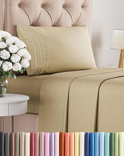 Twin Size 3 Piece Sheet Set - Comfy Breathable & Cooling Bed Sheets Set - Hotel Luxury Bedding for Women, Men, Kids, Teens, Boys & Girls - Deep Pockets, Ultra-Soft and Wrinkle Free - Oeko-Tex - Beige