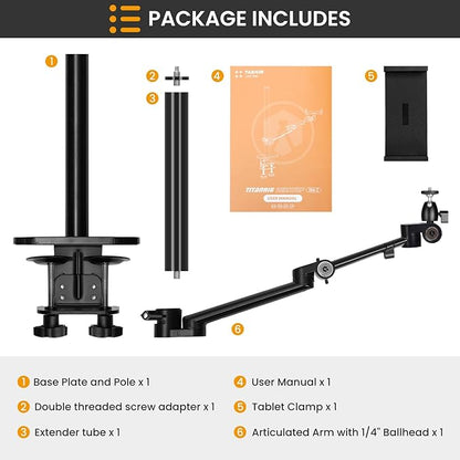 TARION Camera Arm Desk Mount: Heavy Duty DSLR Desktop Mount Camera Stand with Tablet Holder Double C Clamp 1/4 3/8 Screw Adapter Articulating Arm for Selfie Streaming Videography TitanRig Lite Z