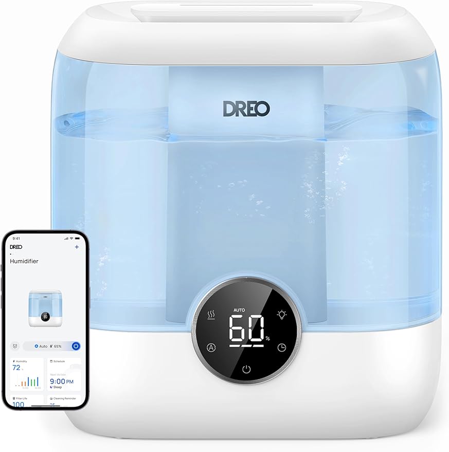 DREO Smart Humidifiers for Bedroom, 6L Top Fill Supersized Cool Mist Humidifier for Large Room, 60 Hour Runtime, Quiet Ultrasonic Humidifiers for Plants, Baby, Indoor, Home, Night Light, Blue