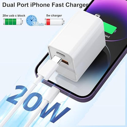USB C Wall Charger,Dual Port 10FT iPhone Charger 20W PD+QC3.0 Power Adapter Fast Charging Block Plug with 10ft USB C to Lightning Cable for iPhone 14/14 Pro/14 Pro Max/13/12/11/Pro Max/XS/XR/X/AirPods