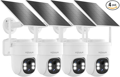 VIZIUUY Solar Security Cameras Wireless Outdoor 4 Pack, 3MP Security Cameras Wireless Outdoor, Pan Tilt 360°WiFi Camera with Color Night Vision/PIR Sensor/2-Way Audio/Alexa
