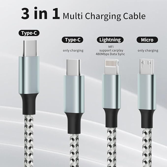 USB C Multi Charging Cable, (2 Pack 4FT), 3 in 1 Charging Cable Nylon Braided Universal Charger Cable with Type-C, Micro USB,IP Port for iPhone16/15 Series/Cell Phones & Pads and Other Devices