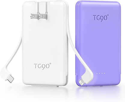 TG90° 2 Pack 5000mAh Power Bank,Small Portable Charge Built-in AC Plug and Cables,Pocket Size USB C External Battery Pack Compatible with iPhone 17 16 15 14 13 12 Samsung Google iPad,White & Purple