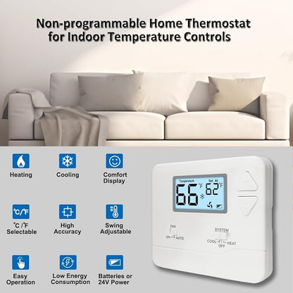 NonProgrammable Thermostat for Home, Digital Energy-Saving Thermostat,Single-Stage Systems, 1 Heat/1 Cool, Easy DIY Install, White Backlight