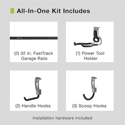 Rubbermaid Garage FastTrack 8-Piece Small Kit Black/Grey All-in-One Rail & Hook Wall Hanging Kit Wall Mounted Storage Solution for Home/Garage