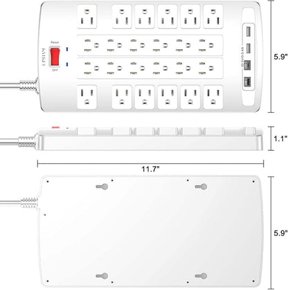 Surge Protector Power Strip - QINLIANF 20Ft Flat Plug Heavy Duty Extension Cord with 24 Outlets and 4 USB Ports(2 USB-C Ports), 1875W/15A, 4100J, for Home, Office, Dorm, ETL Listed, White