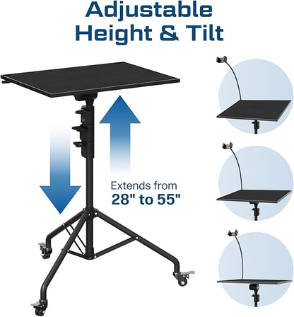 DYNAMO TECH Projector Stand Tripod Laptop Tripod with Wheels & Adjustable Height Portable Podium Stand with Phone Holder Projector Holder for Home, Office, School & DJ Matte Black
