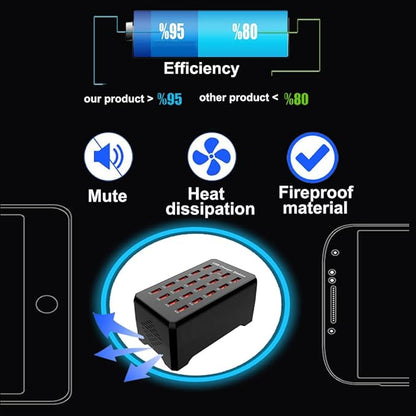 MaxLax 20-Port USB Charger Station, 100W/20A, Compatible with Smartphones, Tablets, and Other USB Devices