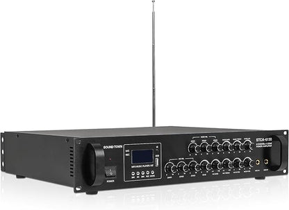 Sound Town Commercial Sound System with a 3-Zone Low-Impedance Bluetooth Amplifier, 6 x 5 Coaxial Wall-Mount Speaker Set for Indoor Installation, Black (STCA6130X6CM5B)