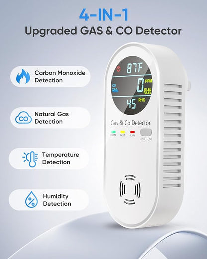Vilfet Carbon Monoxide Detectors & Natural Gas Detector, 4-in-1 Carbon Monoxide Detectors Plug in, Gas Leak Detector with Dual Alarms, Temperature & Humidity Sensor for Home, RV, White, 1 Pack