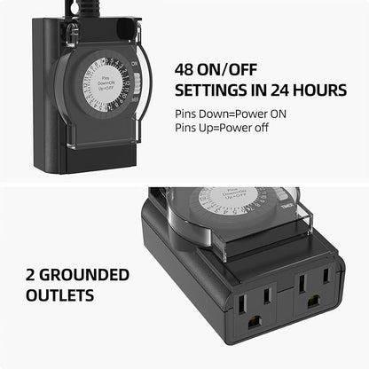 Outdoor Timer Outlet Waterproof, 24 Hour Mechanical Light Timer Outdoor, 2 Grounded Outlets for Home and Garden, 15A 1/2HP, Heavy Duty, ETL Listed (1 Pack)