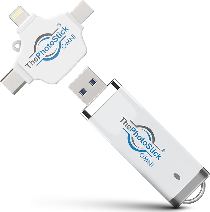 ThePhotoStick® Omni 32GB Memory Stick & USB Flash Drive – Photo & Video Backup for iPhone, Android, Mac & PC – Multiport Connection to Easily Store & Transfer Files
