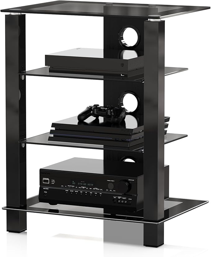 FITUEYES 4-Tier AV Media Cabinet Stand Component Cabinet, Gaming TV Stand and Stereo Rack Audio Tower with Height Adjustable Tempered Glass Shelves, AS406003GB