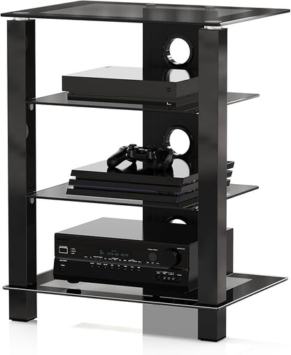 FITUEYES 4-Tier AV Media Cabinet Stand Component Cabinet, Gaming TV Stand and Stereo Rack Audio Tower with Height Adjustable Tempered Glass Shelves, AS406003GB