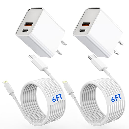 iPhone Fast Charger,[MFi Certified]2Packs 20W Dual Port PD/QC3.0 USB C Wall Charger with 6FT USB C to Lightning Cable Data Sync Cord For Apple iPhone 14 13 12 11 Pro Max X Xr Xs Max 8Plus, AirPods Pro