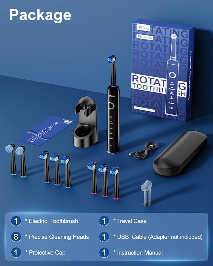 Rtauys Rotating Electric Toothbrush for Adults with 8 Brush Heads (2 Types), 5 Modes Rechargeable Power Toothbrush with Travel Case and 2 Minute Smrte Timer