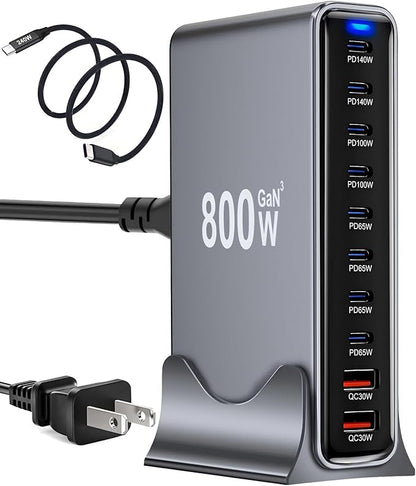 800W USB C Fast Charger Block, 10 Port USB Charging Station, GaN Ⅲ Pro Double 140W PD PPS Port Fast Charging Station,Laptop Wall Charger Compatible with HP,DELL,MacBook Pro,iPhone 17,Galaxy S24