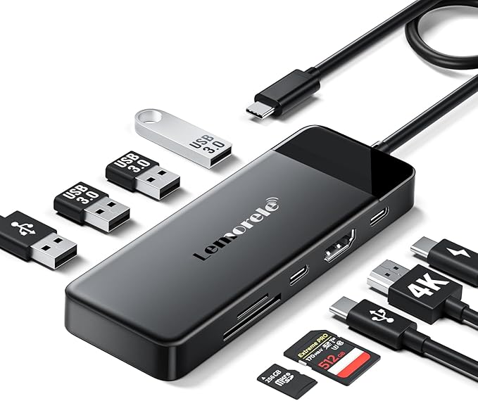 Lemorele 9-in-1 USB C Hub Multiport Adapter, USB C Dongle w/4K HDMI for MacBook Pro Air, 3 USB3.0 5Gbps and 1 USB2.0 Port, Type-C 3.0, 100W PD, SD/TF, Docking Station for Windows/iPad/Dell/HP/Lenovo