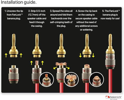 Nakamichi FanLock Excel Series 24k Gold Plated Banana Plugs 10 AWG - 18 AWG Gauge Size 4mm for Speakers Amplifier Hi-Fi Stereo Home Theatre Radio Audio Wire Cable Quick Connector, 48 Pcs (24-Pairs)