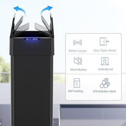TLSUNNY 16 Gallon Automatic Trash Can, Stainless Steel Motion Sensor Garbage bin, Smart Trash Can W/Butterfly Lid, Bag Retainer Ring and Display Light for Living Room,Kitchen,Office (Black, 60L)