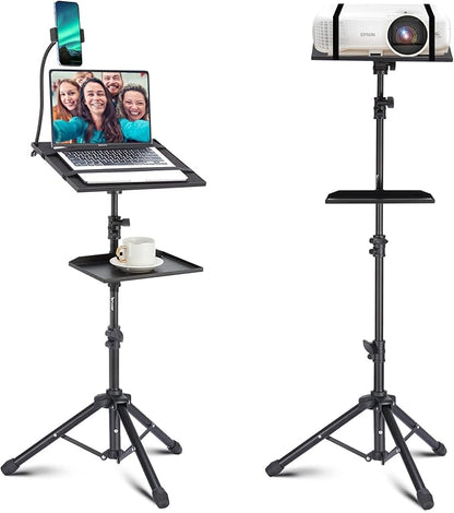 Lusweimi Projector Tripod Stand, 50” Laptop Stand with 2 Shelves for Projector, iPad, DJ Equipment, Portable Adjustable Floor Stand with Gooseneck Phone Holder for Office, Home, Stage or Studio