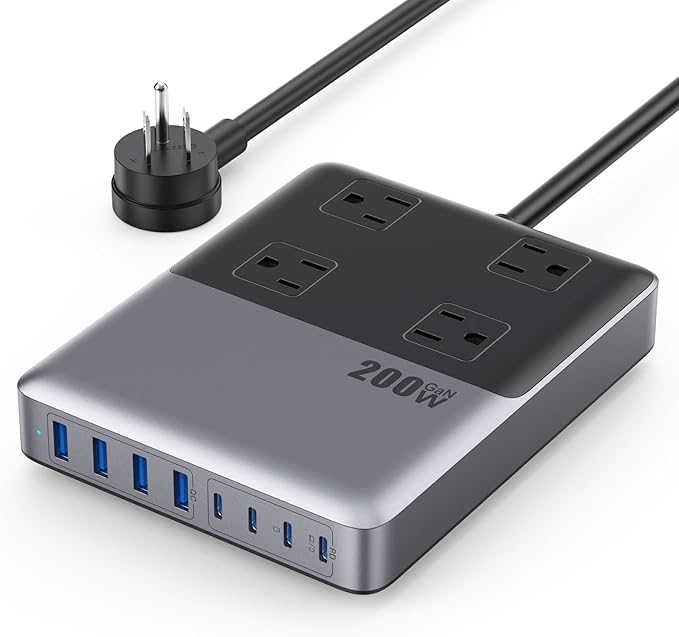12-in-1 Charging Station USB C Power Strip with 5ft Cord and Plug,200W GaN IV USB C Charger Block,4 AC Outlets,8 USB for MacBook,iPhone 17/16/15,Fast Charging Desktop Charger for Office,Home
