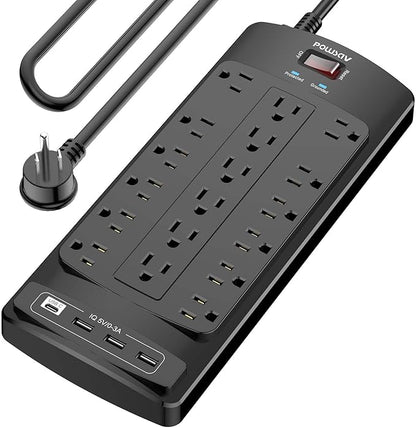 18 Outlets Surge Protector Power Strip - 10 Feet Flat Plug Heavy Duty Extension Cord with 18 Widely Outlets and 4 USB Ports, 2100 Joules, Black, ETL Listed