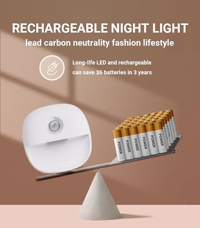 Lyridz Rechargeable Night Light, Motion Sensor Battery Nightlights, Mini Stick-on LED Closet Light, 1-20LM Dimmable Brightness for Bedroom, Kitchen, Washroom, Stairs, Hallway, 3-Pack