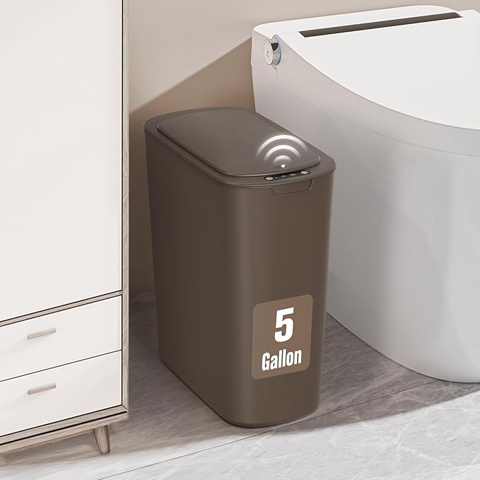 Cesun Motion Sensor Trash Can, 5 Gallon Automatic Bathroom Garbage Can with Lid, Touchless Smart Plastic Slim Wastebasket for Bathroom, Office, rv, Bedroom, Living Room, Brown