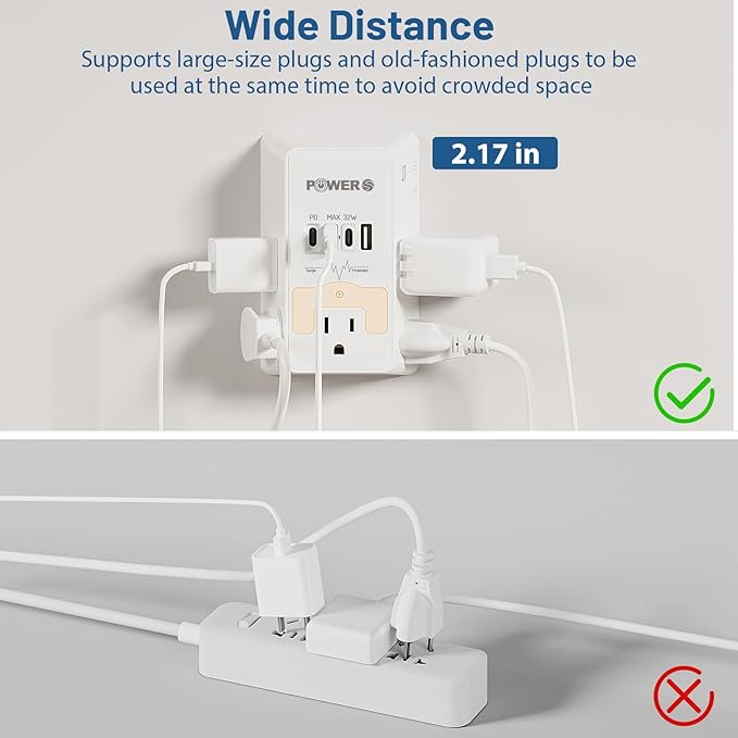 20W PD Fast Charging Wall Outlet with USB Ports (3C1A), Electrical Outlet Extender with Night Light, Surge Protector, Wall Plug Adapter for Multiple Devices, Wall Socket Expander