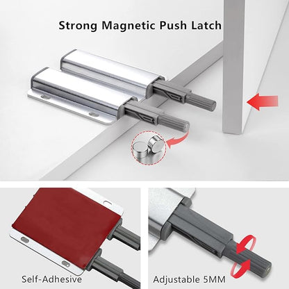 Double Push to Open Door Latch, 2 Pack Magnetic Push Latches, Adhesive Heavy Duty Touch Latch Hardware for Push to Open, Magnetic Catch for Cabinet Drawer Wardrobe Kitchen Door
