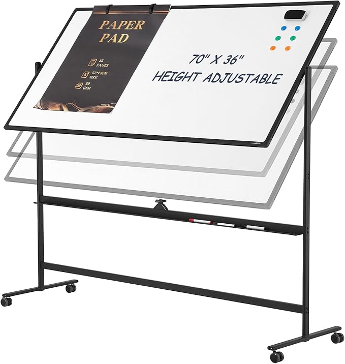 Dry Erase Whiteboard Easel on Wheels - TANKEE 70" x 36" Large Double Sided Mobile Whiteboard, Reversible Magnetic Rolling White Board for Home Office Classroom, Flip Chart Holders and Paper Pad