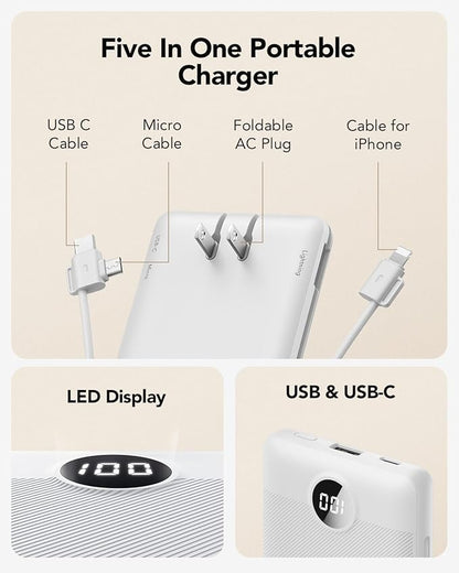 VRURC Portable Charger with Cables and Wall Plug | Power Bank with Cords | 10000mAh Portable Charger with AC Plug | External Battery Pack (Pure White)