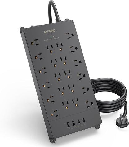 TROND Surge Protector Power Strip, 22 Widely Spaced Outlets with USB Ports, Wall Mount, 4000 Joules, ETL Listed, 10 ft Flat Plug Heavy Duty Extension Cord for Home, Office, Dorm Essential, Black