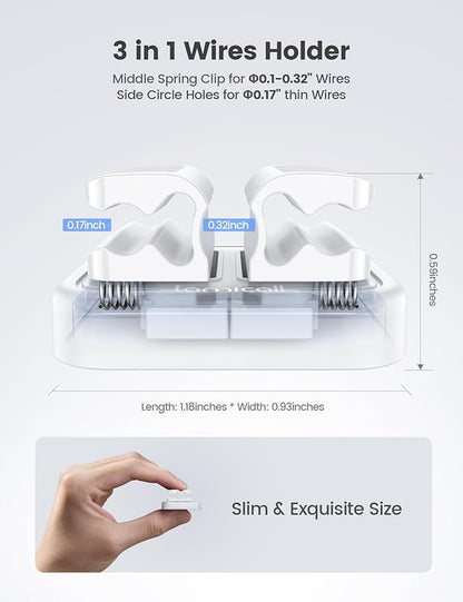 3-in-1 Cord Organizer Spring Clip Holder - Lamicall Small Desk Cable Organizer Clips, Adhesive Adjustable Wire Holder for Phone Charging Cord, Cable Management, Office Desk Accessories, White, 3Pcs