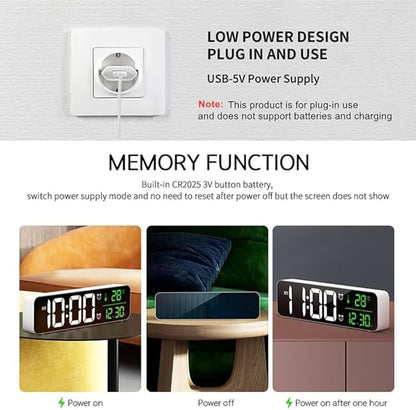 Digital Clock Large Display, Alarm Clock for Living Room Office Bedroom Decor, LED Corded Electric, Date Temp Display Wall Clock, Automatic Brightness Dimmer Smart Cool Modern Desk Accessories Black