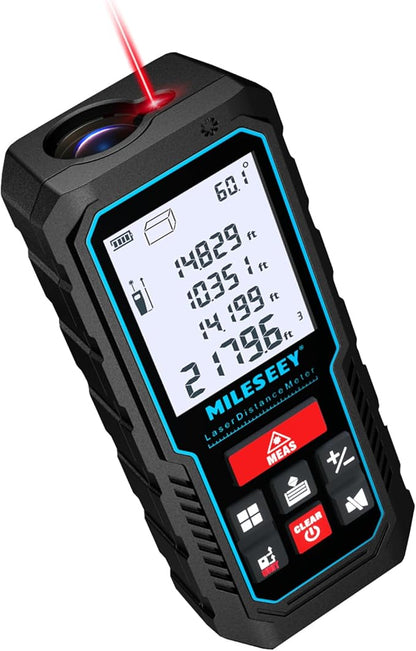 Laser Measure Device, MiLESEEY 229ft Digital Laser Tape Measure with Upgrade Electronic Angle Sensor, 2mm Accuracy, Area Measurement,Volume and Pythagoras, 2" LCD Backlit,Mute, Battery Included
