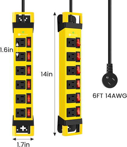 Heavy Duty Power Strip,6 Outlets Metal Power Strip with Individual Switch & Cord Management,Mountable Surge Protector 1200J,6FT Extension Cord(Yellow,6 FT)