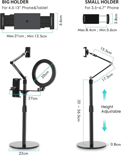 viozon 3-in-1 Selfie Desktop Live Stand, Height Adjustable/Overhead, 8" LED Ring Light, Compatible with 3.5-13" Tablet& Phone, Suitable for YouTube/Tiktok/Recording/Streaming/Online Meeting-B