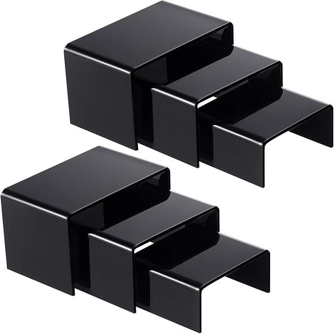Chuangdi 2 Sets Acrylic Display Risers, Product Stand, Jewelry Display Riser Shelf Showcase Fixtures for Dessert Cupcake Candy Figure Treat Action Showcase(Black,Small Set)