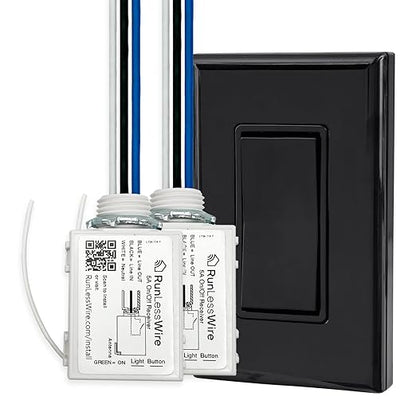 RunLessWire 2 Fixture Battery-Free DIY Kinetic Wireless Light Switch Kit 150ft RF Range for Different Fixtures or Outlets: 1 Remote Switch Controls 2 5A On/Off Receivers Simultaneously – Black