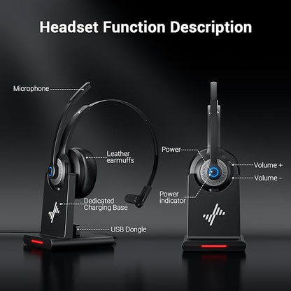 JIAMQISHI Bluetooth Headset - Wireless Headset with Noise Cancelling Microphone, V5.2 Computer Headphones with USB Dongle, Charging Base & Mic Mute for Work/Call Center/PC/Laptop/Online Class/Zoom