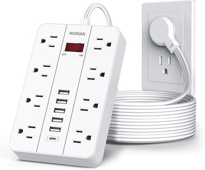 10 Ft Long Extension Cord,Power Strip Surge Protector HUNIAN Flat Plug with 8 Widely Spaced Outlets 6 USB(1 USB C Port), Wall Mount Charging Station for Home and Office,White