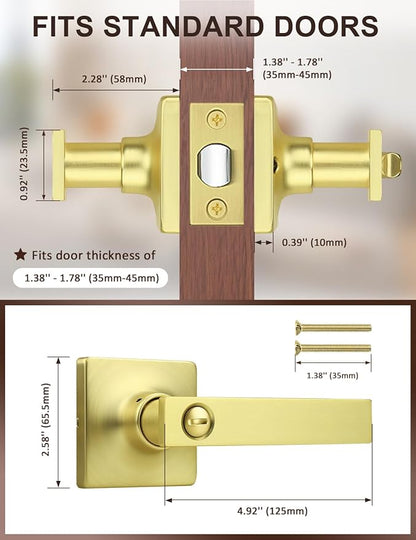 Mengico 1 Pack Gold Privacy Lever Door Handle Interior with Lock, Heavy Duty Square Door Lock for Bed/Bath, Keyless Door Locksets, Reversible for Left Right Handed Doors