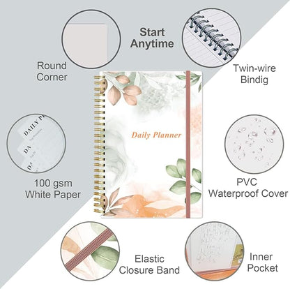 Daily Planner Undated - A5 To Do List Notebook Hourly Schedules, Spiral Appointment Planner for Women and Men, PVC Hardcover, Inner Pocket, Elastic Closure, 5.8" x 8.3", Rose Leaf