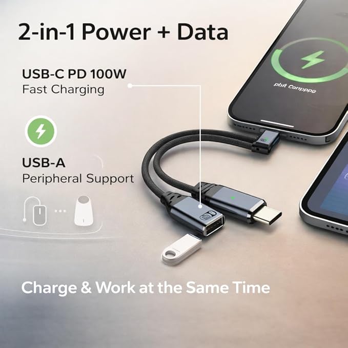 Mizi [2025 Upgraded USB-C to USB-A & USB-C PD Splitter Adapter – 2-in-1 Type-C OTG Cable with 100W Fast Charging & Peripheral Support – Compatible with Laptop, Tablet, Smartphone - Grey