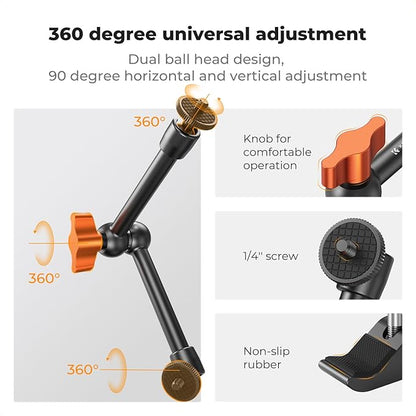 K&F CONCEPT 9.8" Magic Arm Clamp Kit with 1/4" & 3/8" Thread Screw 360° Ball Heads Articulating Magic Arm with Tripod Mount Adapter for Gopro/LED Lights/Monitor/Flash/Microphone/DSLR Camera