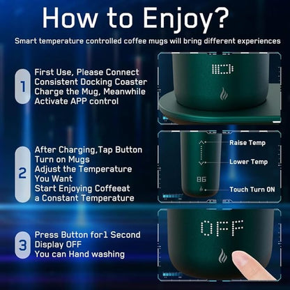 Temperature Control Heated Coffee Mug Smart Self Heating Travel Mug 12 Oz App Controlled Warmer Mug 4-10 Hour LED Display Keep Coffee Hot Fast Wireless Charger Base Jade Green