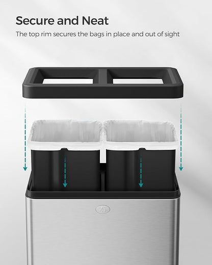 SONGMICS 2 x 6.6 Gallon Open Top Trash Can, Dual Compartment Garbage Can for Waste and Recycling, Stainless Steel, Trash Bin for Office, Restaurant, Commercial Use, Metallic Silver ULTB710E50